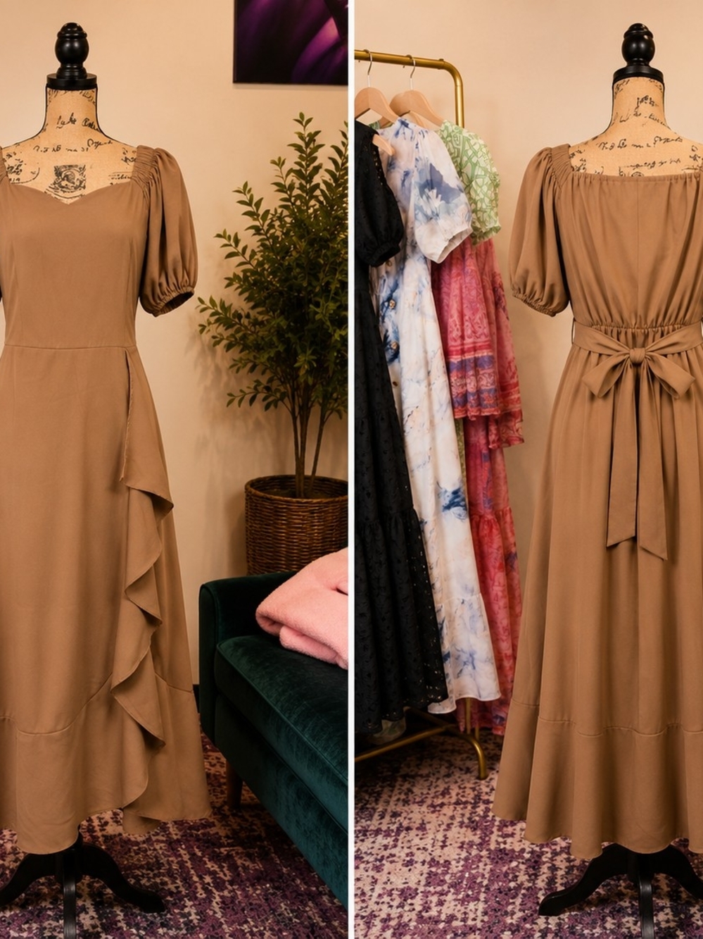 Women's Taupe Midi Dress with Puff Sleeves and Tie Back